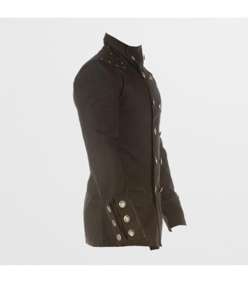 Men Gothic Military Trench Coat | Black Cotton Twill Long Jacket with Metal Button Detailing